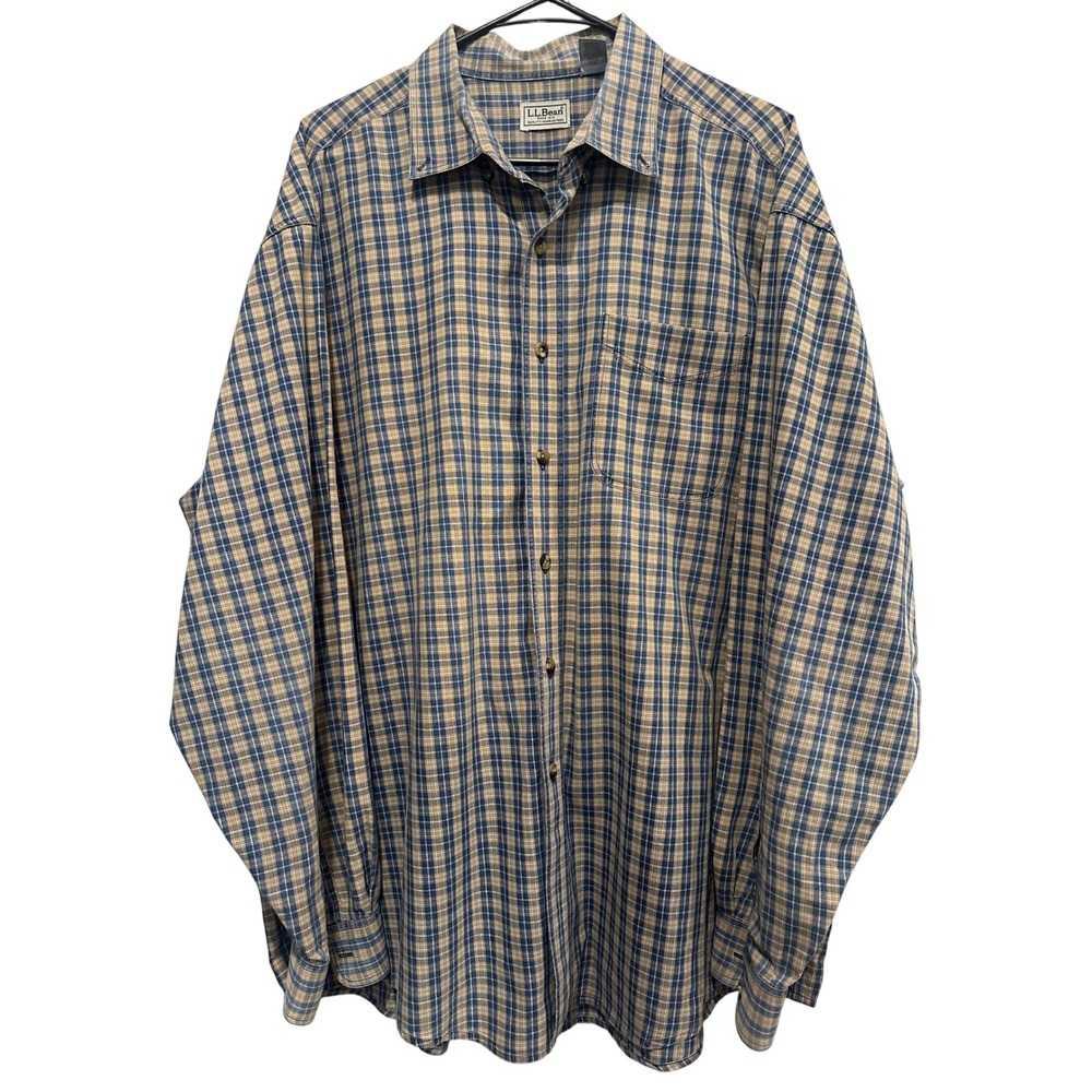 LL Bean Mens XL Regular Plaid Button Down Shirt Blue Tan Cotton Long Sleeve
